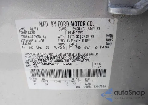 2014 Lincoln Mkx из США, поврежденный, VIN 2LMDJ6JKXEBL07456